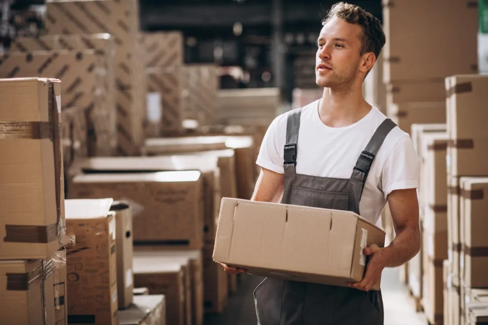 Young Man Working At A Warehouse With Boxes